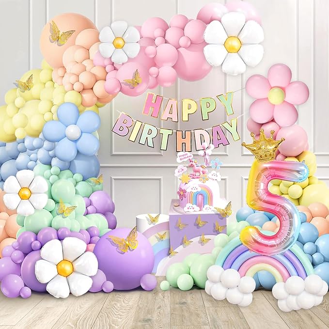 5th Birthday Decorations Girl, Slmeno Daisy Pastel Balloon Arch Kit 219Pcs, 5 Year Old Girl Pastel Rainbow Party Decorations, with Happy Birthday Banner, Cake Toppers, Gold Butterfly Decoration
