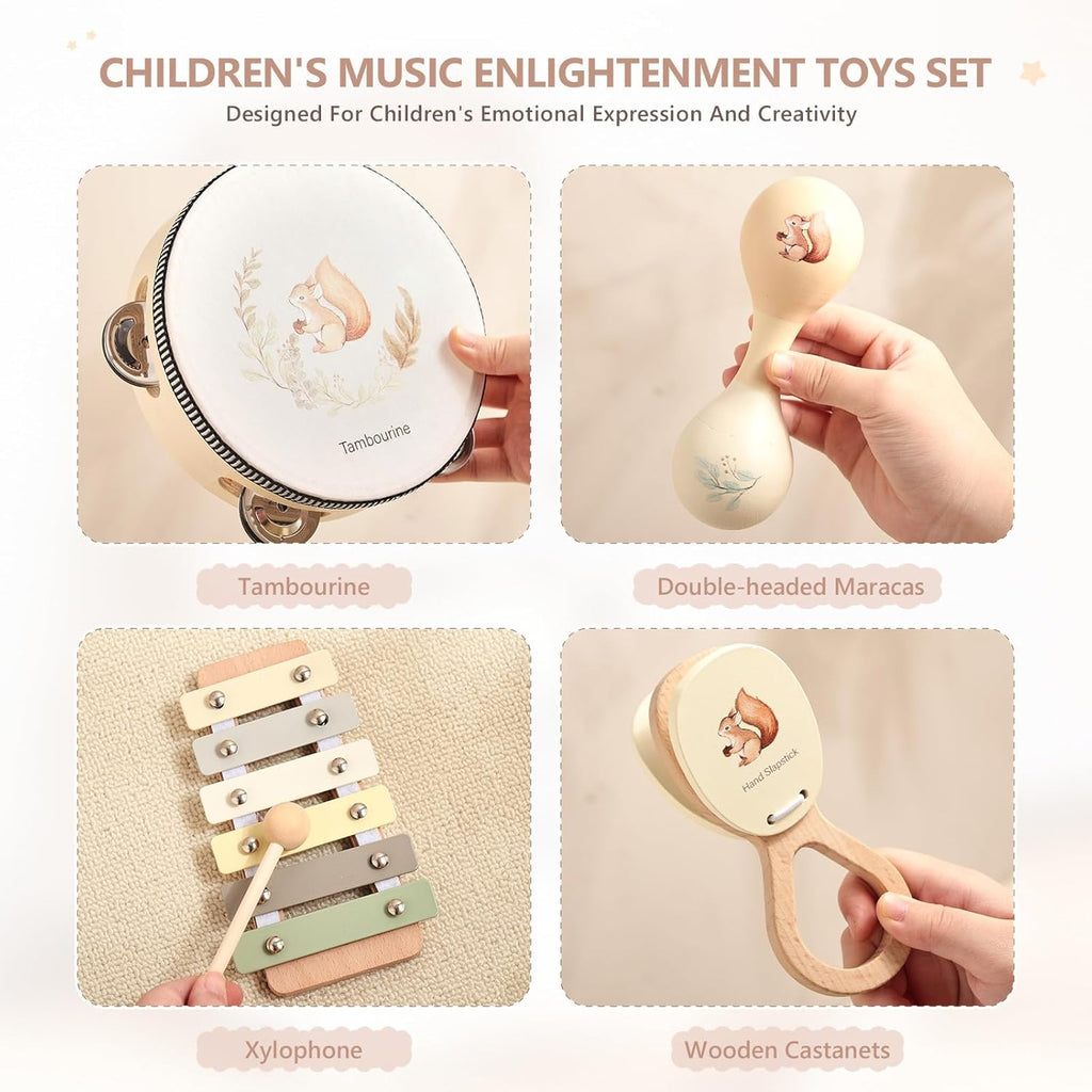 Baby Wooden Montessori Musical Instruments Set for Toddlers - Neutral Colors Percussion Set With Modern Boho Xylophone Tambourine - Educational Toys for Preschool Kids