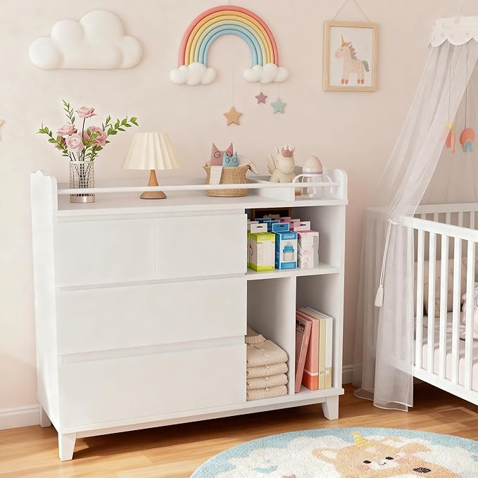 Baby Changing Table Top, Multi-Functional Nursery Changing Table, 4 Drawers with 2 Open Shelves, Bedroom, White