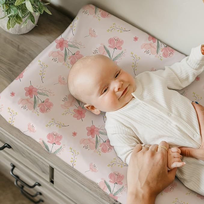 Stretchy Changing Pad Covers BROLEX Changing Table Cover for Baby Boys Girls,2 Pack Jersey Knit,Pink Blossom