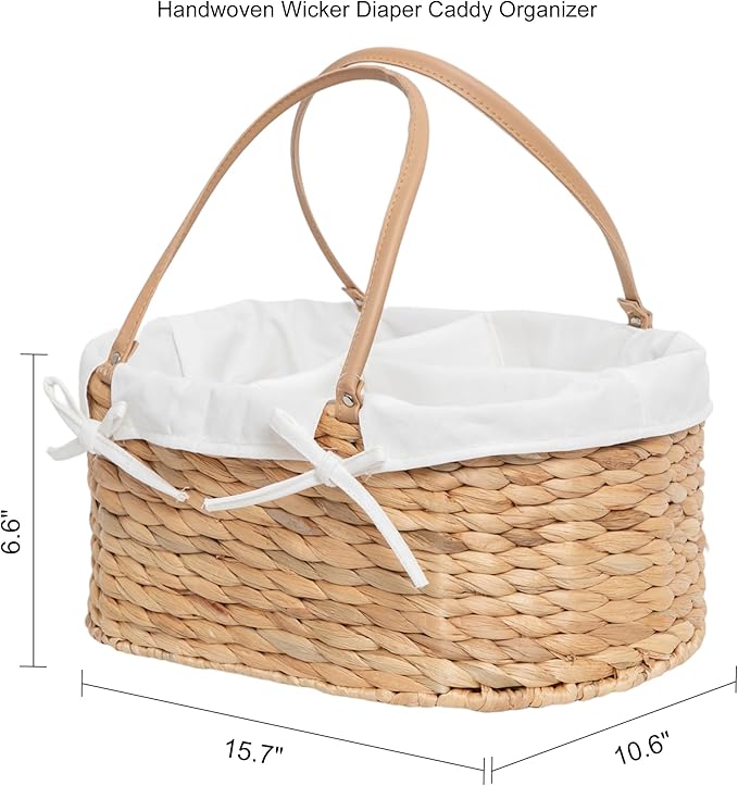 Handwoven Wicker Diaper Caddy Organizer, Multi - functional Baby Diaper Bag for Nursery & Home Storage, Detachable Lining, PU Handles, Baby Registry Must Haves (Water hyacinth)