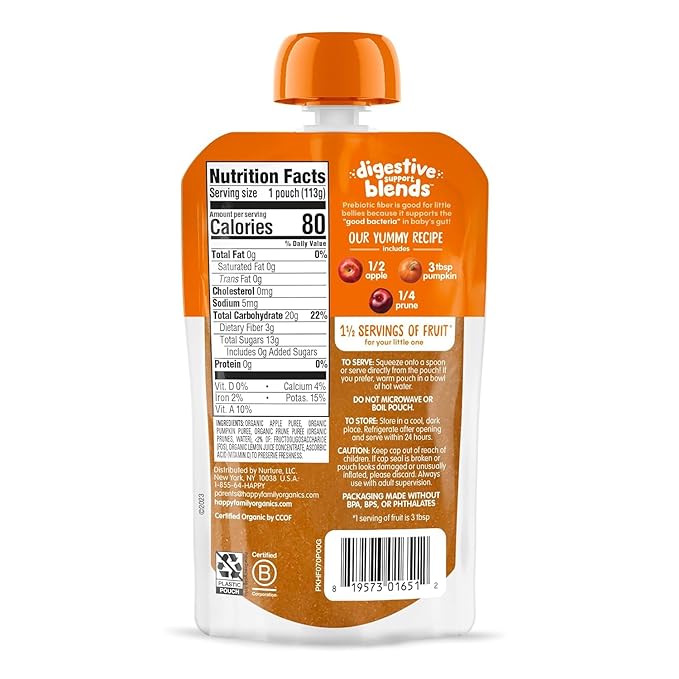 Happy Baby Digestive Support Blends, Stage 2 Baby Food with Prebiotic Fiber, Apple, Pumpkin & Prune 4oz (Pack of 16) + Happy Baby Organics Clearly Crafted Stage 1 Baby Food,Prunes, 3.5 Oz (Pack of 16)