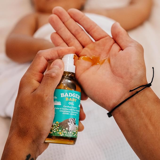 Badger Baby Oil, 100% Organic Ingredients to Soften & Moisturize Dry Skin or Cradle Cap, Soothing Vegan Organic Baby Oil, 4 fl oz Glass Bottle