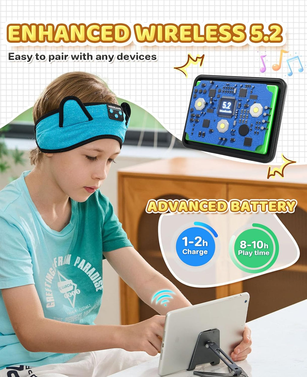 KIDSBAND Kids Headphones, Toddler/Baby Bluetooth Headband, Wireless Sleep Headphones for Kids with Wired Playback 3.5 MM Jack for Teens/Boys/Girls/School/Kindle/Airplane Travel/Plane/Tablet