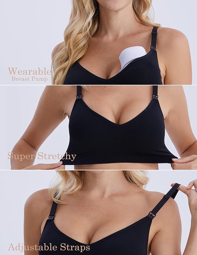 HOFISH Maternity Nursing Bras for Breastfeeding, 3 Pack Pregnancy Deep V Neck Wireless Bra with Extenders & Clips