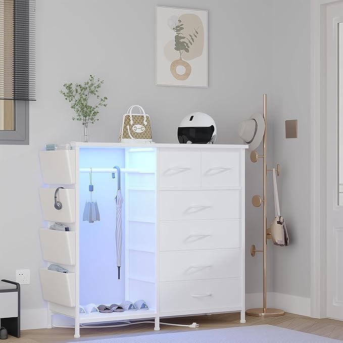 6 Drawer Dresser for Bedroom with Clothes Rack, Clothes Dresser with Side Pockets and Hooks, Charging Station & LED Lights, Wooden Top, Fabric Storage (White)