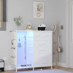 6 Drawer Dresser for Bedroom with Clothes Rack, Clothes Dresser with Side Pockets and Hooks, Charging Station & LED Lights, Wooden Top, Fabric Storage (White)