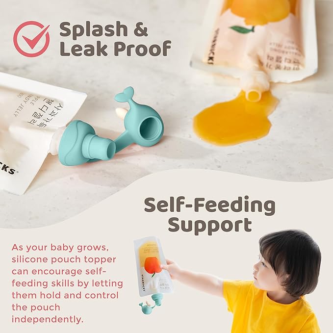 Whale SoftSip Food Pouch Topper | 2EA + Travel Case | Prevent Spills & Leakage | Protect Child Baby Toddler Mouth | Food Grade Silicone Reusable | Baby Led Weaning | BPA Free| Mint+Blue