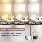 White Bedside Lamps for Bedroom Set of 2 - Nightstand Lamp with USB Charging Port, 3 Color Temperatures, Silver Base Night Stand Light, Side Table Desk Reading Lamp Dorm Room