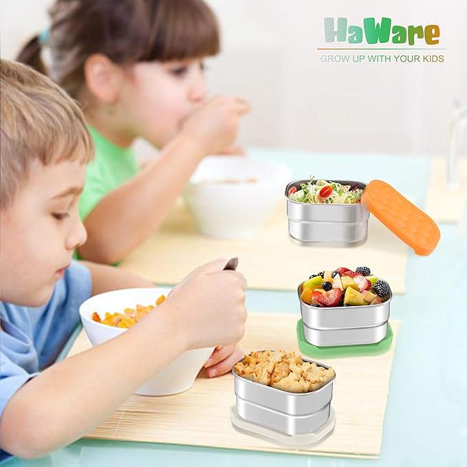 HaWare Stainless Steel Snack Containers for Toddlers and Kids, 8 oz Leak Proof Food Storage Containers with Colorful Silicone Lids, Stackable Small Metal Lunch Box for Daycare and School- 3 Packs