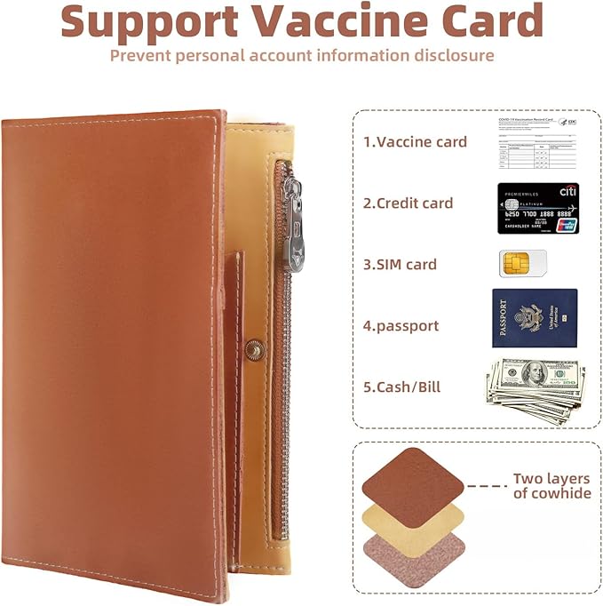 Genuine Leather Travel Passport Wallet, Slim RFID Blocking Holder for Secure Travel and Document Organization (Brown)