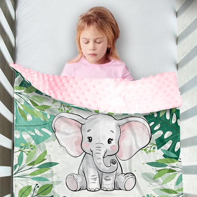 Custom Name Baby Blanket – Plush Flannel with Double-Layer Dotted Backing – Elephant and Green Leaves Theme for Infants and Toddlers