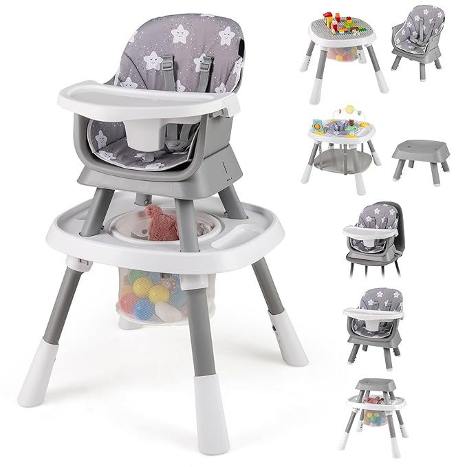 HONEY JOY 16-in-1 Baby High Chair, Convertible Highchair for Babies and Toddlers/Booster Seat/Activity Center with Toys, Building Block Table & Stool, Safety Harness, Removable Cushion & Tray (Gray)