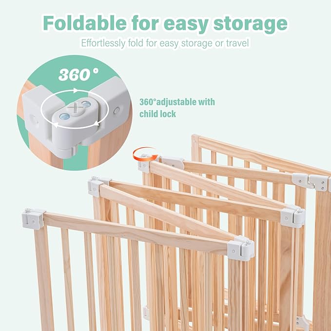 Foldable Wooden Playpen,Large Baby Gate Playpen with Child-Proof Lock-Easy Assembly, Portable Design for Babies & Toddlers- Shape& Size Adjustable Baby Fence Play Area(Wood, 6 Panel)
