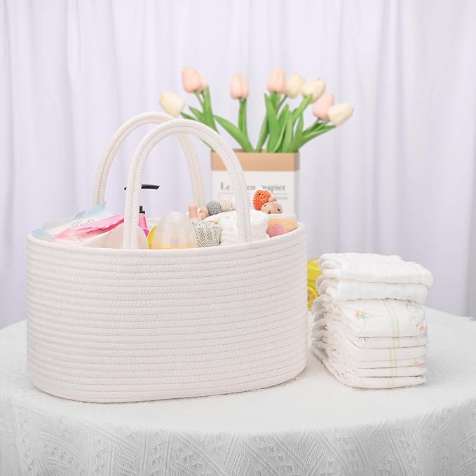 COMSE Large Baby Diaper Caddy Organizer for Girl Boy, Car Caddy with Handles, Cotton Rope Basket for Changing Table, Nursery Organizer, Gift for Baby Shower and Registry Must Have, White
