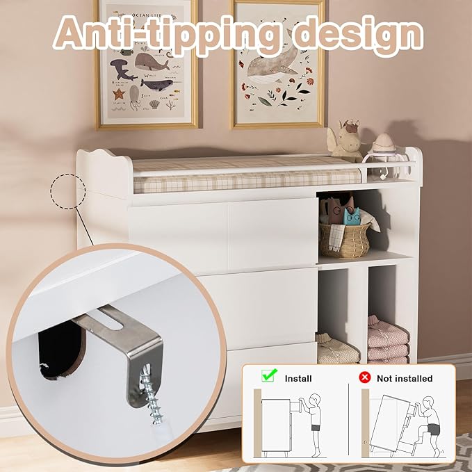 Nursery Dresser with Changing Table Top, Tall Changing Table Dresser of Bedroom, Wooden Dressers & Chests of Drawers, 4 Drawers with 2 Open Shelves, White