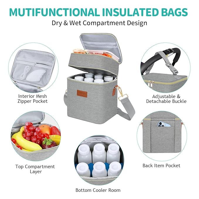 PIIOSER Breastmilk Cooler Bag with Ice Pack Fits 6 Baby Bottles Up to 9 Ounce, Insulated Baby Bottle Tote Bags, Double Layer Waterproof Leak-Proof with Shoulder Strap for Nursing & Working Mom (Grey)