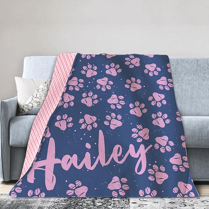 Personalized Baby Blankets for Girls, Custom Name Pink Dog Paws Pattern Baby Blanket, Soft Minky Dot Blanket for Newborns and Toddlers, Ideal for Baby Showers Christmas Brithday Gifts