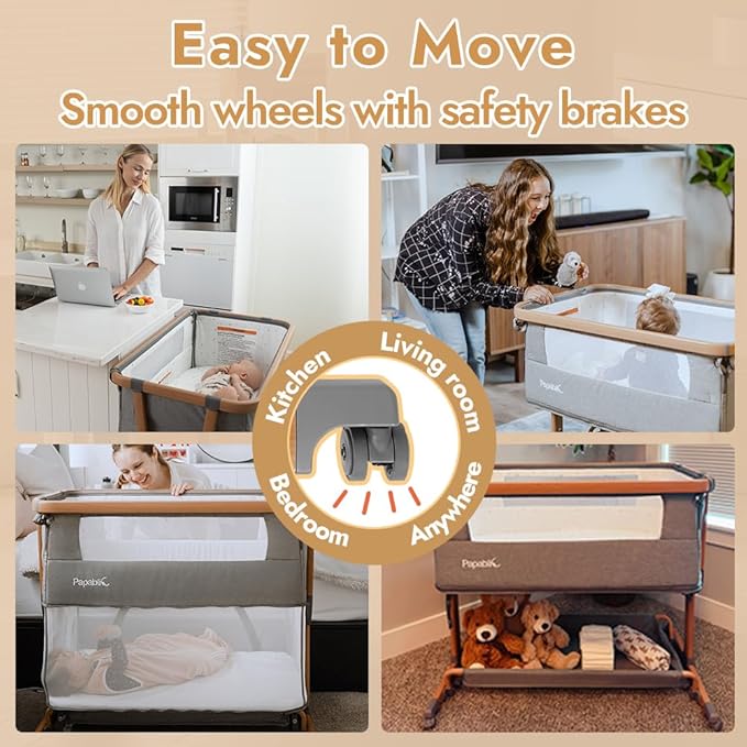 Papablic 4 in 1 Baby Bassinet, Bedside Bassinet for Baby, Adjustable Rocking Bassinet Bedside Sleeper with Soft Mattress & Storage Basket, Easy to Assemble