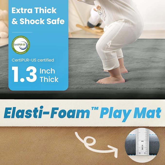 1.3" Thick Baby Play Mat for Floor, 79x118 Large Foam Tummy Time Mat, Padded Support Soft Plush Nursery Rug for Infant Kids Toddler Crawling Kick Activity (Dark Grey)