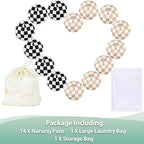 wegreeco Nursing Breast Pads (14 Pack) + Laundry Bag & Travel Storage Bag, 4.7 inch - Washable & Reusable Breastfeeding Nursing Pads (Light Coffee, Black Checkerboard, Large, Contoured Shape)