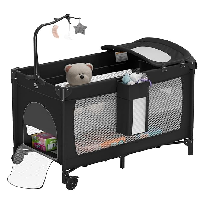 Large Pack and Play, Baby Bed Portable Crib with Diaper Changing Table Mattress Hanging Toys & Decor, Travel Bassinet Bedside Sleeper Playard from Newborn to Toddlers