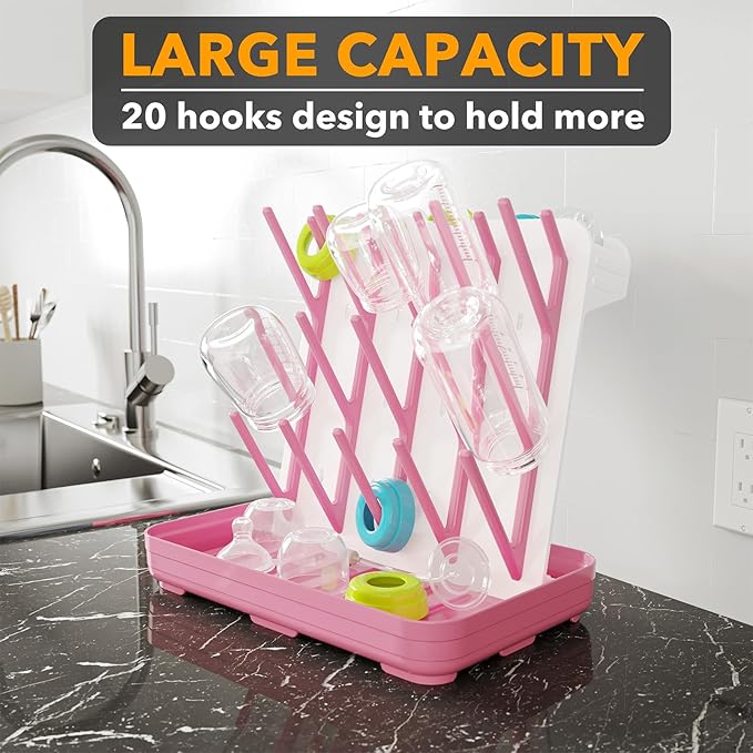 SpaceAid Baby Bottle Drying Rack with 20 Hooks, Space Saving Kitchen Bottles Rack Dryer, Vertical Baby Bottle Holder Organizer for Countertop Storage Accessories (White and Pink)