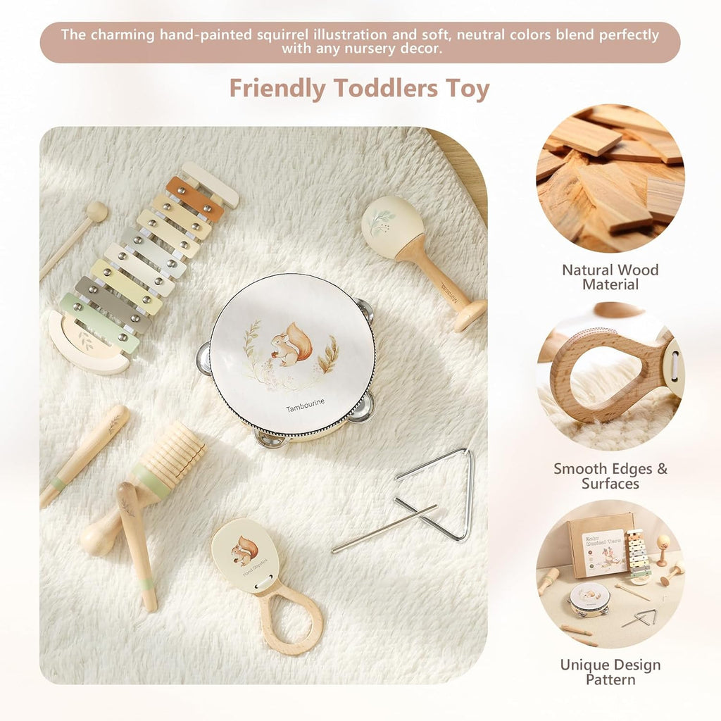 Baby Musical Instruments Set Wooden Montessori Musical Toys for Toddlers Neutral Colors Percussion Instruments Set with Modern Boho Xylophone Tambourine Educational Musical Toys for Preschool Kids
