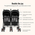Dream On Me Volgo Twin Umbrella Stroller in Black, Lightweight Double Stroller for Infant & Toddler, Compact Easy Fold, Large Storage Basket, Large and Adjustable Canopy
