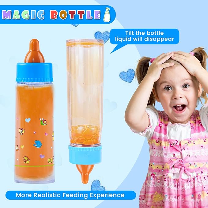 SCOM Baby Doll Bottle Accessories - 6 Pcs Feeding Bottle Toys, Magic Disappearing Milk & Juice, Pretend Play Set with Pacifiers Kids Gift Blue