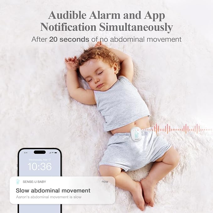Sense-U Pro Baby Breathing Monitor with Arousal Vibration, Movement/Rollover/Overheating Alerts, Audible & App Notifications, Easy Clip-On Design, Smart Sleep Monitor