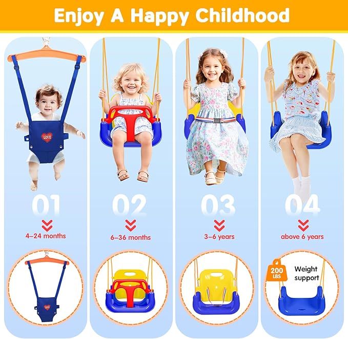 4 in 1 Toddler Swing Set & Baby Jumper, Heavy Duty Kids Swing with Bouncer, Foldable Metal Stand for Indoor & Outdoor, Easy Install & Store (Blue)