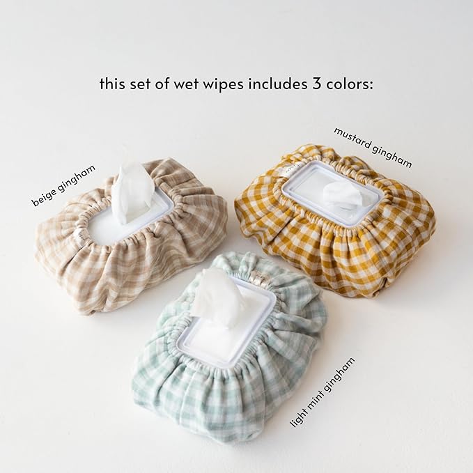 Baby Wipes Cover – Universal Size, One Size Fits All Wipes Packages | Muslin Cotton Tissue Cover for Nursery, Diaper Bag & Changing Table, Station | Gingham & Neutral Patterns (3-Gingham Mint)