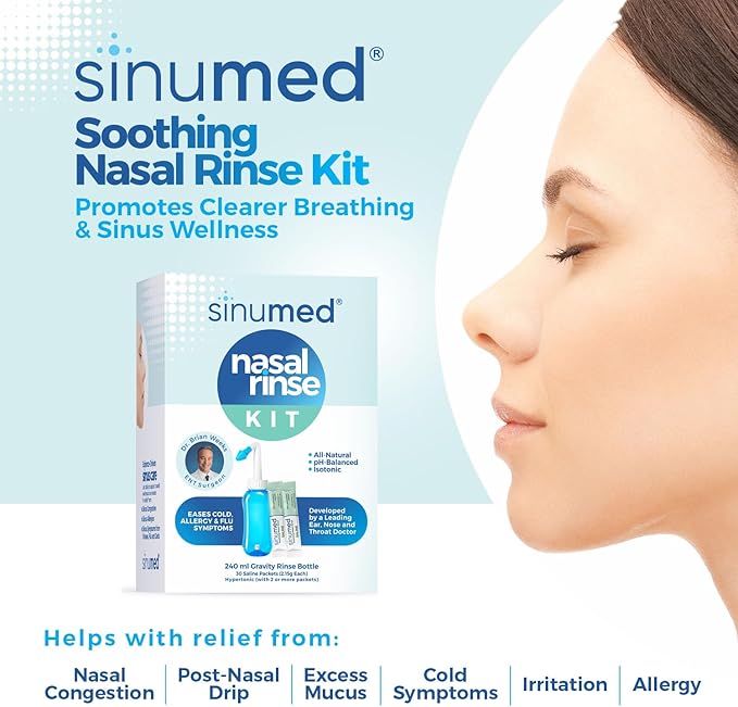Sinus Rinse, 30PK Nasal Rinse Packets with Saline, Gravity Bottle, Alternative to Neti Pot, Helps with Allergy, Congestion, Cold Symptoms