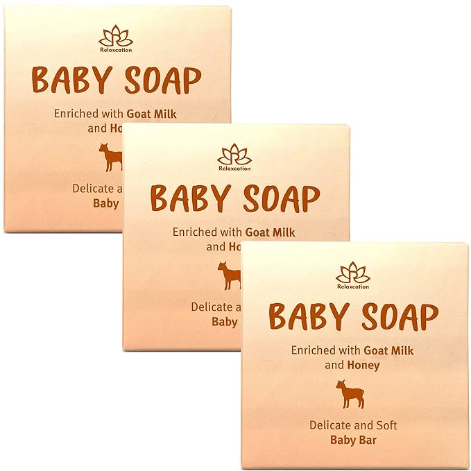 Relaxcation 3 Baby Soap Bars with Goat Milk and Honey - Naturally Cold Processed from Organic Ingredients - Handmade in USA - Ideal fro Newborns, babys, Kids and Adults (Pack of 3