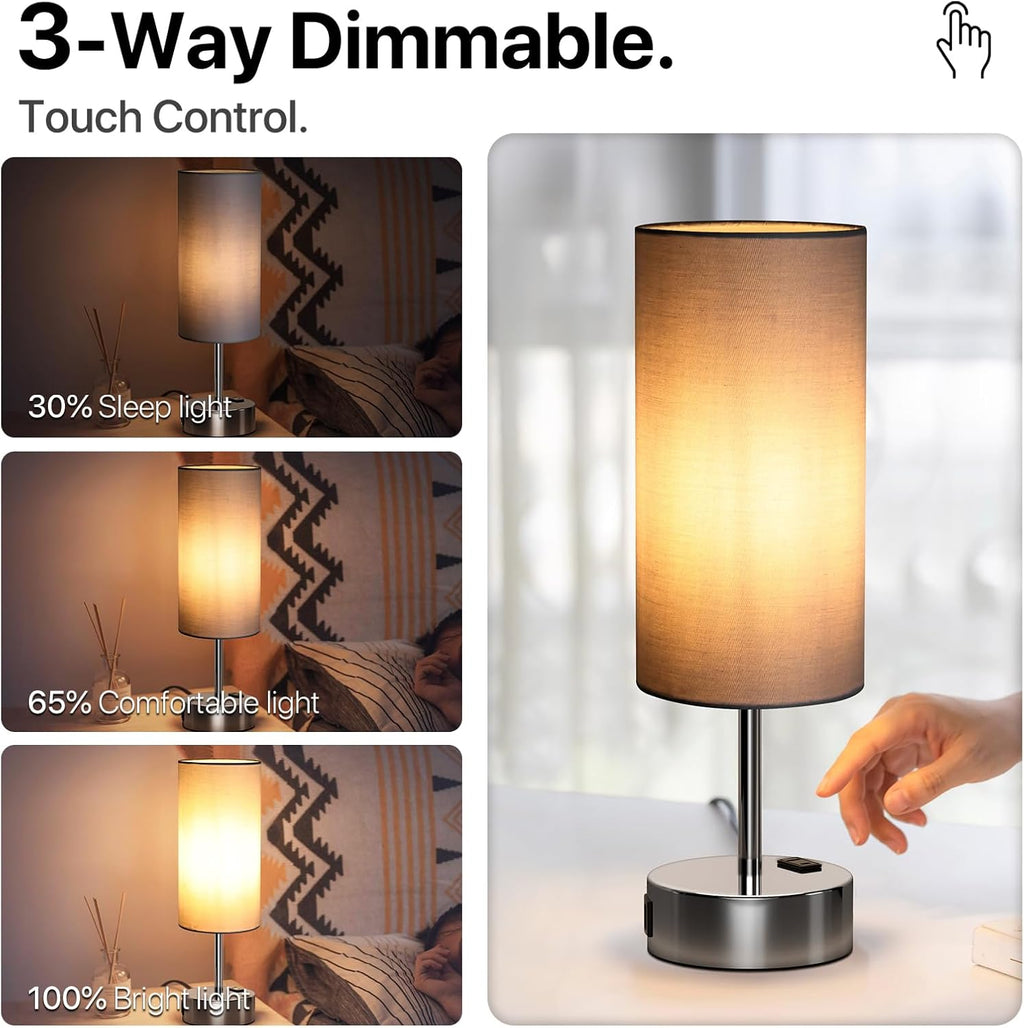 KPQ Small Bedside Lamp Touch Control Table Lamp with USB A+C Charging Ports & AC Outlet 3-Way Dimmable Nightstand Lamp with Linen Fabric Shade for Bedroom Living Room