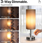 KPQ Small Bedside Lamp Touch Control Table Lamp with USB A+C Charging Ports & AC Outlet 3-Way Dimmable Nightstand Lamp with Linen Fabric Shade for Bedroom Living Room