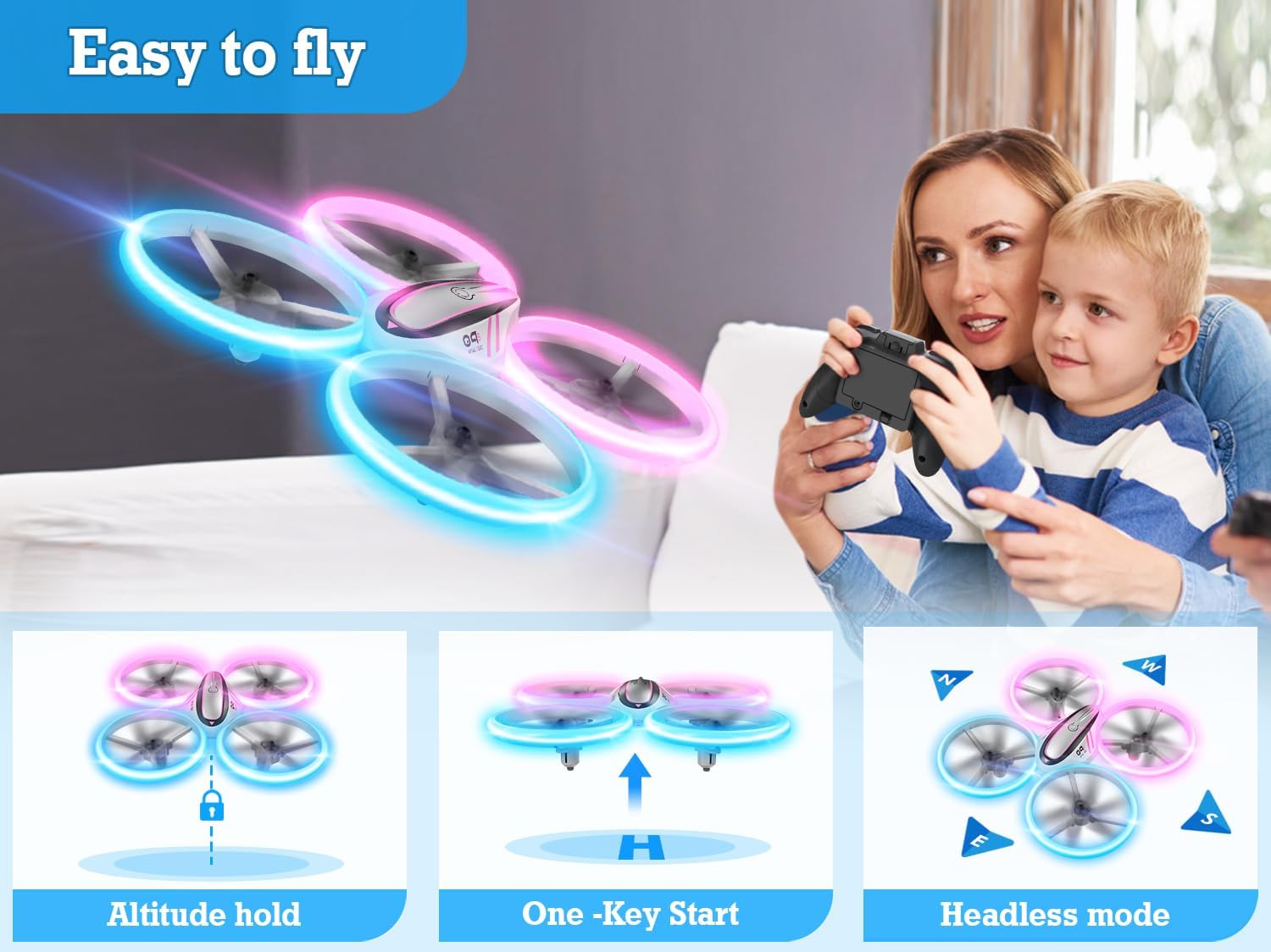Q9s Drones for Kids,Cool RC Drone with Altitude Hold and Headless Mode,Hobby Quadcopter with Blue&Pink Light,2 Batteries and Remote Control,Birthday and Xmas Gifts Toys for Boys and Girls,Pink