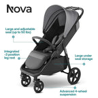 Mompush Nova Baby Stroller for Toddler, Infant & Newborn | Spacious Seat & Lie-Flat Mode | Compact One-Hand Fold, UPF 50+ Canopy & All-Wheel Suspension | Includes Rain Cover & Cup Holder, Grey