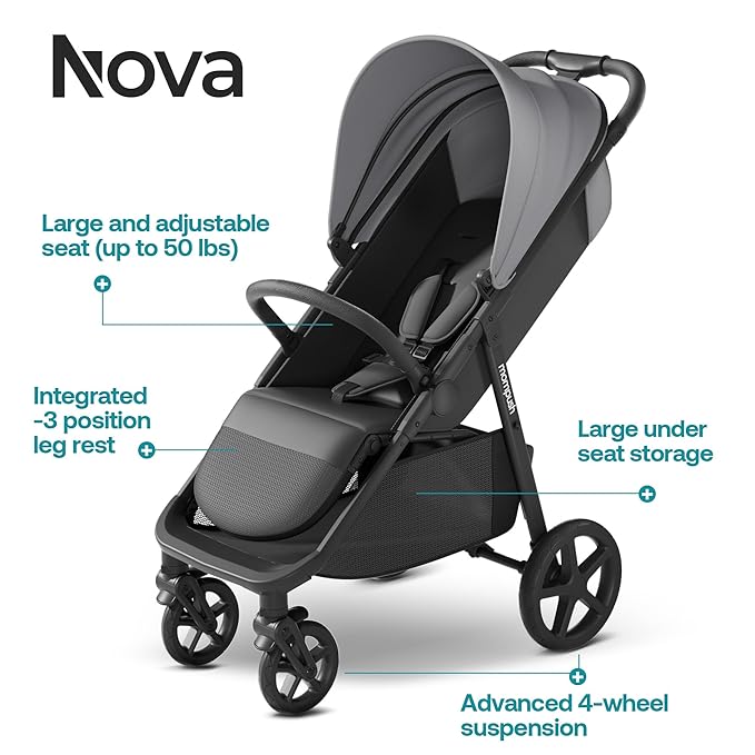 Mompush Nova Baby Stroller for Toddler, Infant & Newborn | Spacious Seat & Lie-Flat Mode | Compact One-Hand Fold, UPF 50+ Canopy & All-Wheel Suspension | Includes Rain Cover & Cup Holder, Grey