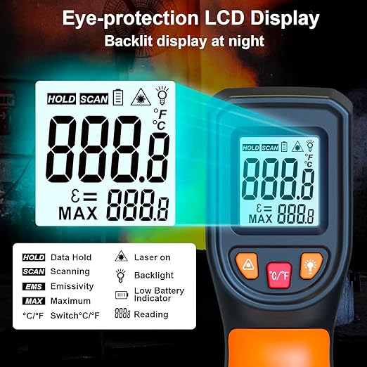 Upgraded Digital Infrared Thermometer Gun -58°F~1112°F, Handheld Non Contact Heat Laser Temperature Gun, IR Thermometer Temp Gun with Adjustable Emissivity for Cooking/BBQ/Fridge/Engine(Not for Human)