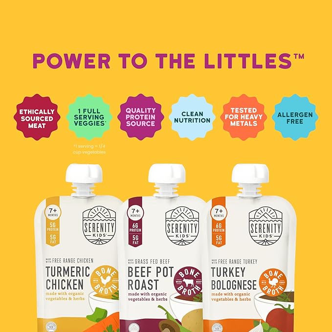 Serenity Kids 7+ Months Bone Broth Puree Made with Organic Veggies - BPA-Free Organic Baby Food Pouches with Veggies & Ethically Raised Meat - Clean Label Project Certified - 3.5 Oz, 6 Pack