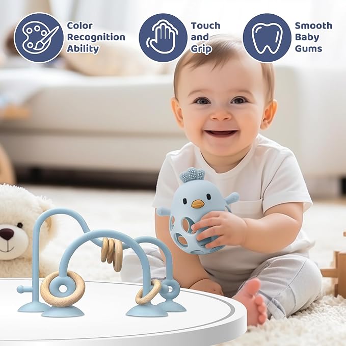 Baby High Chair Suction Toys Teething Chew - Baby Table Toys, Teething Toys Silicone Teethers, Food Grade Silicon for 6 12 18 Months (Blue)