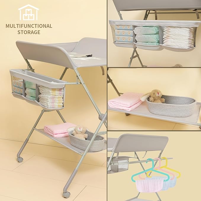 KARAOK Baby Changing Table with Wheels, Portable Diaper Changing Station with 4-Level Height Adjustment & Storage Rack for Newborn, Infant(Light Grey)