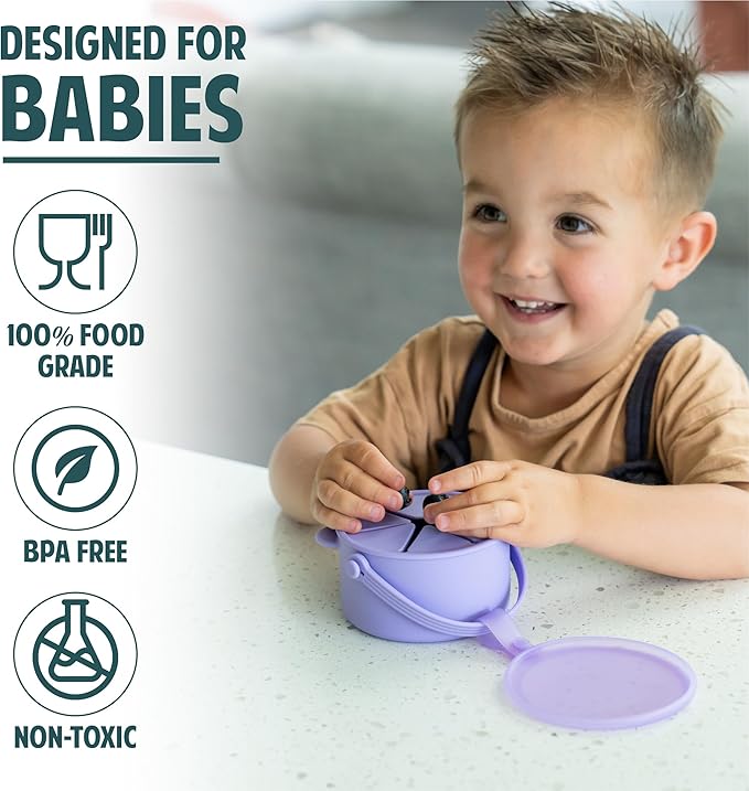 Silicone No Spill Snack Cups for Toddlers – Portable Baby Snack Cup Containers with Dustproof Lid – Dishwasher-Friendly Toddler Spill Proof Cups Without BPA, Lead, or Phthalates – Blue and Pink