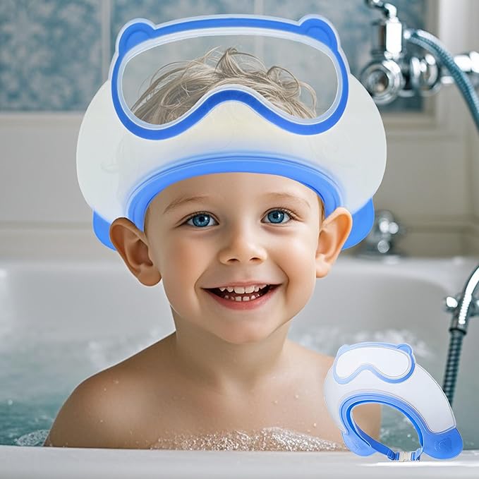 Baby Shower Cap Shield, Shower Cap for Kids, Visor Hat for Eye and Ear Protection for 0-9 Years Old Children, Cute diving goggle Shape Makes The Baby Bath More Fun (Blue)