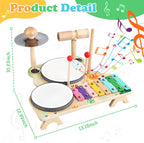 Kids Drum Set for Toddlers, Montessori Wooden Musical Instruments Preschool Educational Baby Musical Toys, Xylophone Bell Music Sensory Toys Birthday Gifts for Girls Boys