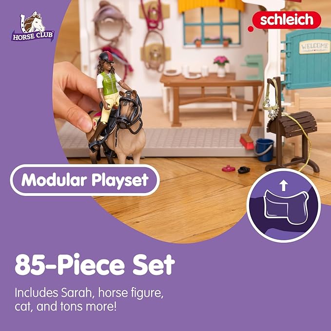 Schleich Horse Club - 85 PC Tack Room Stable Extension Toy Playset with Rider Sarah Action Figure, Horse Figurine and Accessories for Girls and Boys - Interactive, Realistic Kids Toys Ages 5+ | 42591