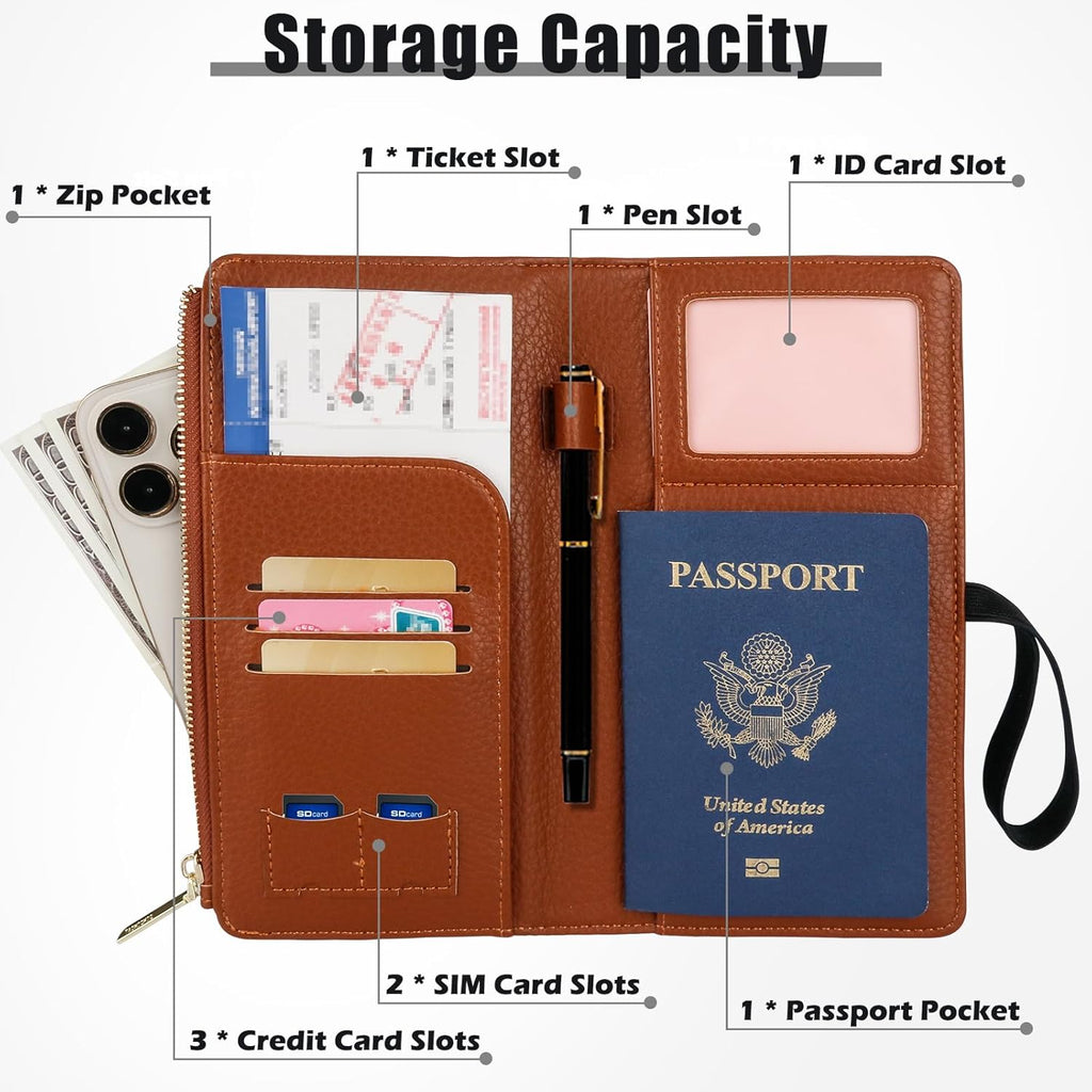 Travel Passport Wallet, RFID Blocking Passport Holder with Zipper, Passport Cover for Women Men, PU Leather Travel Document Organizer with Card Slots, Gift for Family Friends, Brown