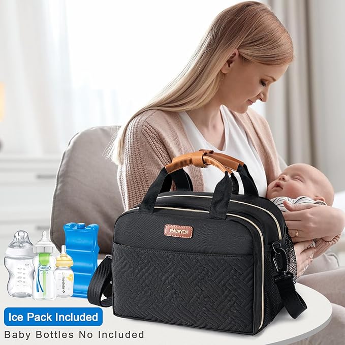 Breastmilk Cooler Bag with Ice Pack Fits 6 Baby Bottles Up to 9 Ounce, Compatible with Wearable Breast Pumps & Accessories-Black